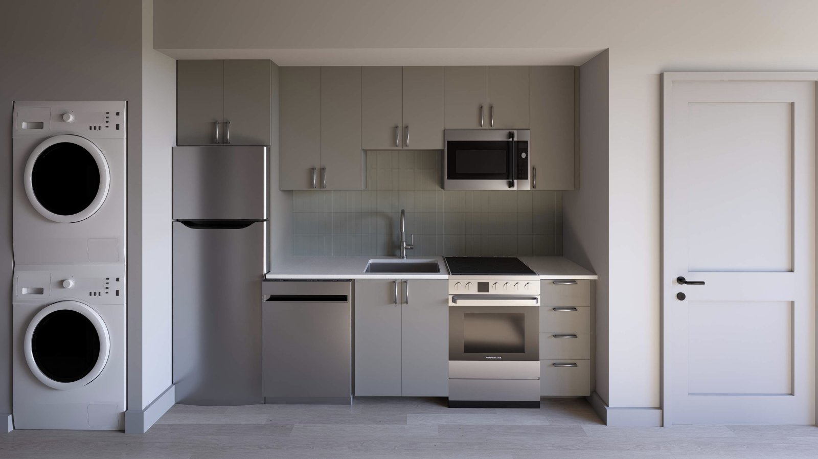 Studio layout that shows a kitchen and living room area