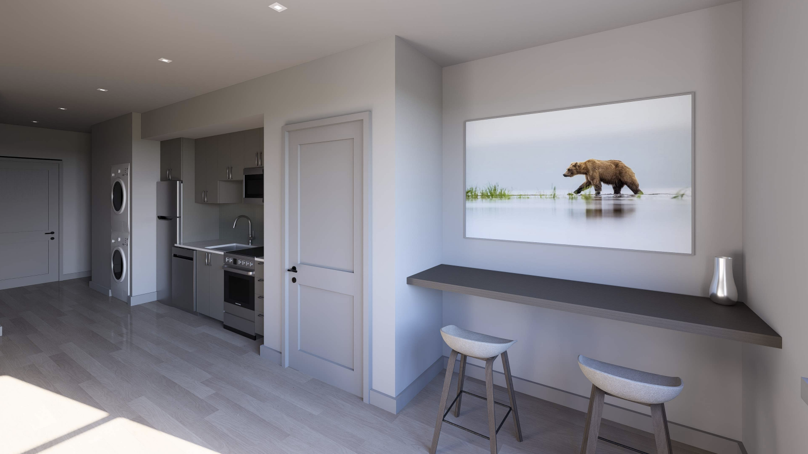 Studio layout that shows a kitchen and living room area