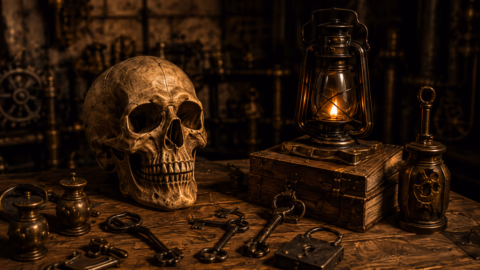 Human skull, vintage keys, lock, oil lamp, and brass objects on a wooden table in a dim room.