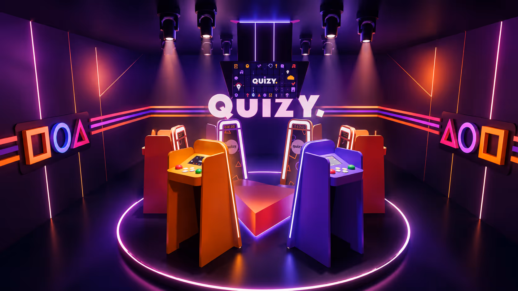 Colorful Quizy arcade quiz game setup with orange and blue player stations and neon lights.
