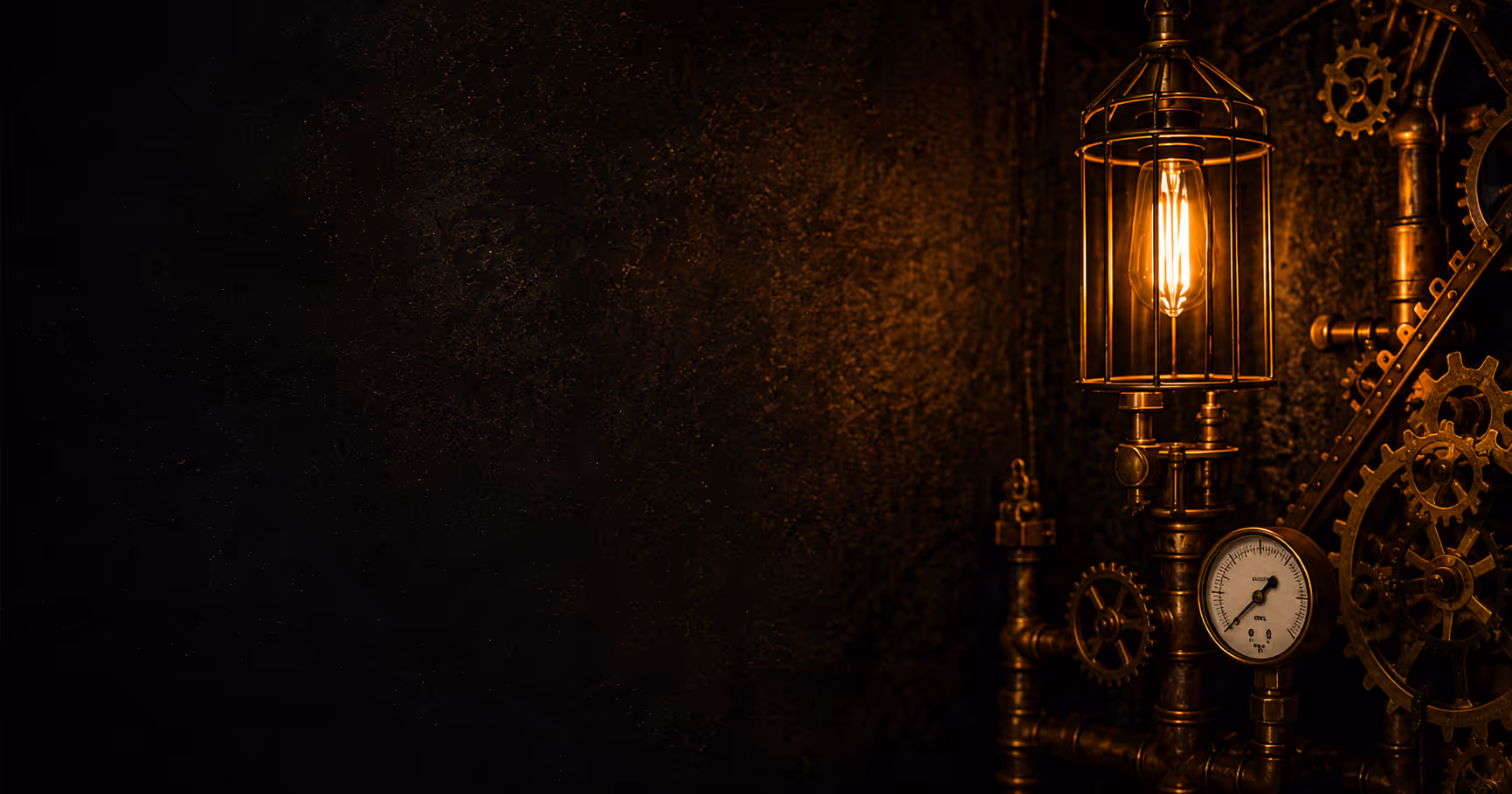 Vintage steampunk light bulb with metal gears, pipes, and pressure gauge glowing warmly.