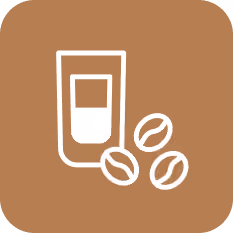 a brown square with a glass of coffee and beans