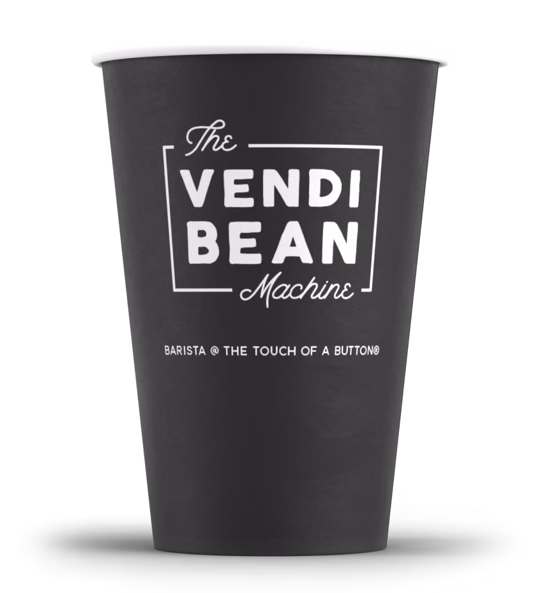 a black paper cup with white text