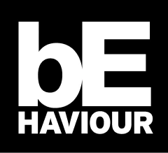 The word BEHAVIOUR with 'bE' in large white letters and 'HAVIOUR' in smaller white letters on black background.