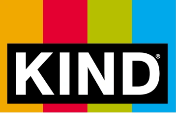 KIND company logo with white text on black background over vertical orange, red, green, and blue stripes.
