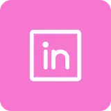 White LinkedIn icon inside a square on a pink background.