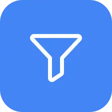 White funnel-shaped filter icon on a rounded blue square background.