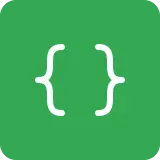 White curly braces symbol on a green square background.