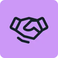 Black handshake icon on a purple background symbolizing agreement or partnership.
