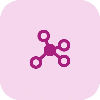 Purple molecular or network icon with five connected nodes on a light pink rounded square background.