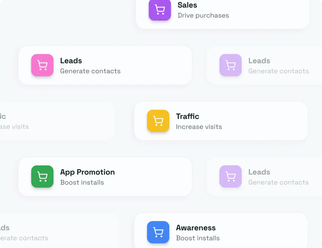 Color-coded cards labeled Sales, Leads, Traffic, App Promotion, and Awareness with their goals below.