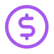 Purple currency symbol resembling a stylized dollar sign inside a circle on a white background.