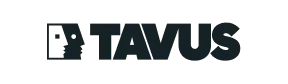 TAVUS company logo with stylized human head and camera lens icon on black background.