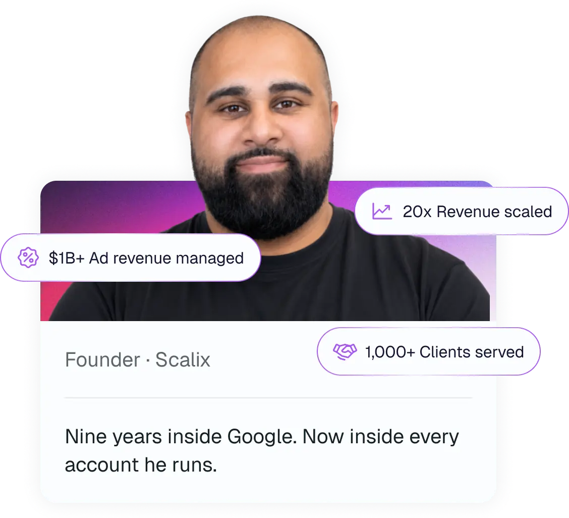 Portrait of a bearded man with labels showing $1B+ ad revenue managed, 20x revenue scaled, 1,000+ clients served.