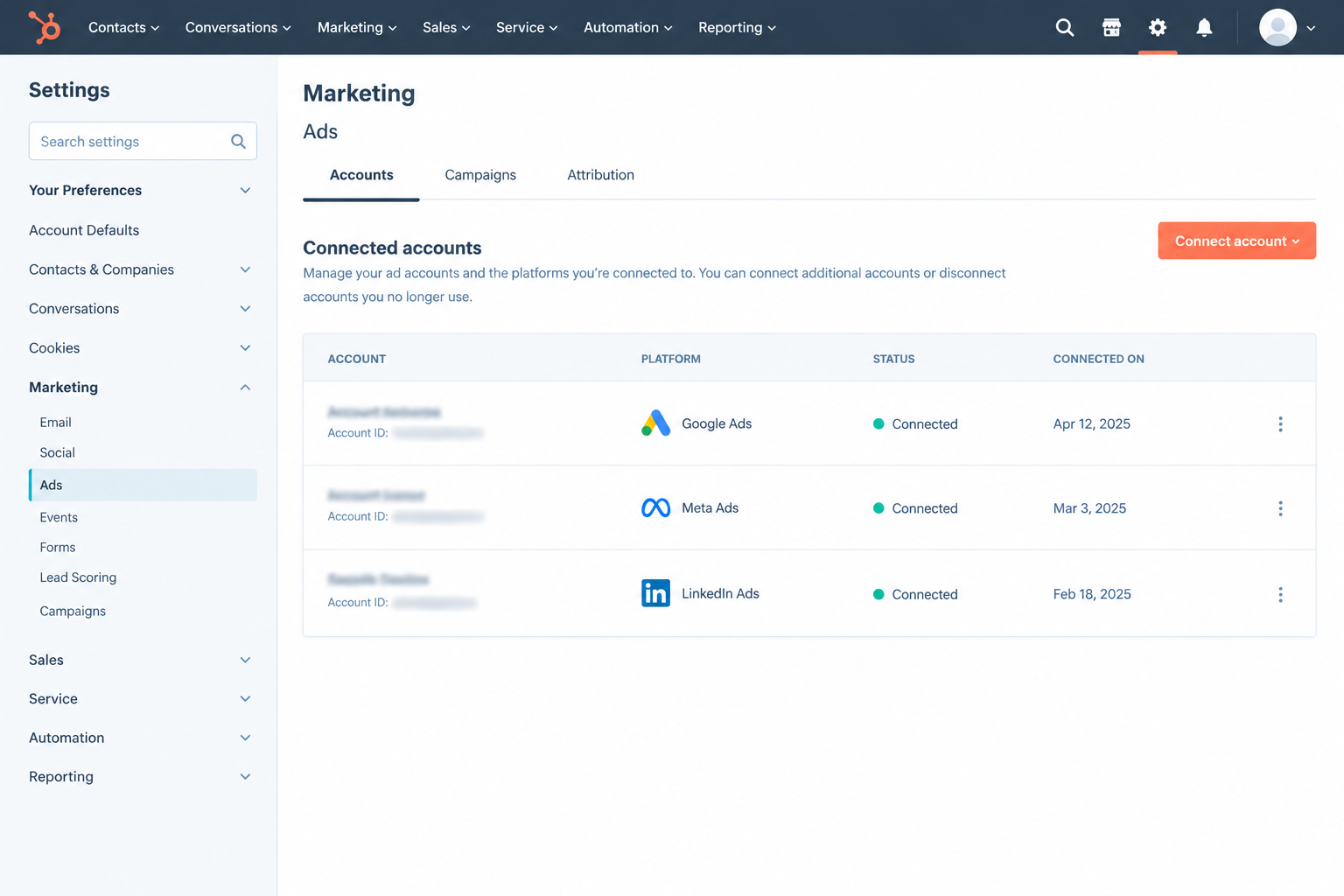 Connect account button in HubSpot ads settings for linking Google Ad