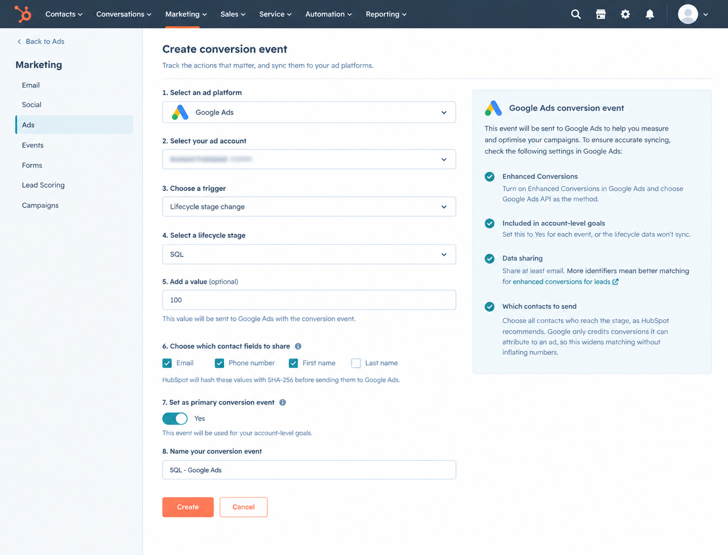 HubSpot conversion event settings for syncing SQL lifecycle stage to Google Ads.