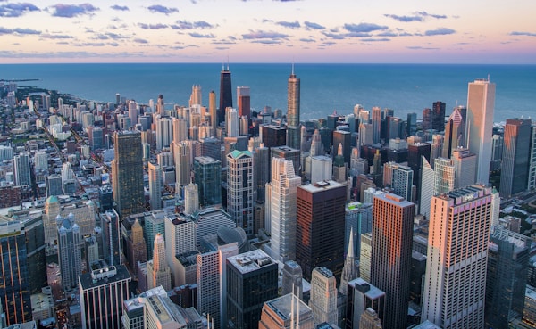 City architecture and skyscrapers near waterfront