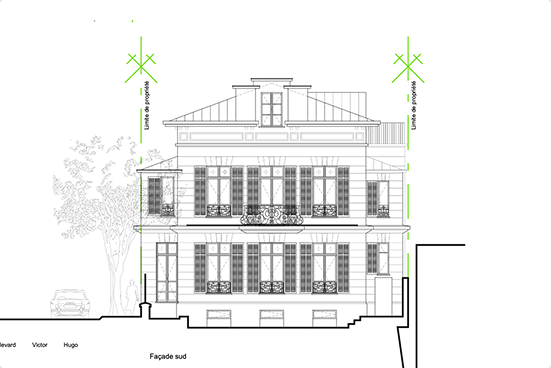Architectural elevation drawing of a two-story house with windows, shutters, balcony, and roof details.