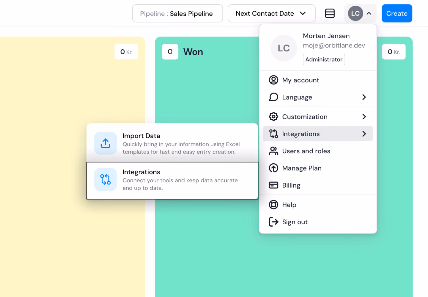Selecting Integrations from the Settings dropdown menu.