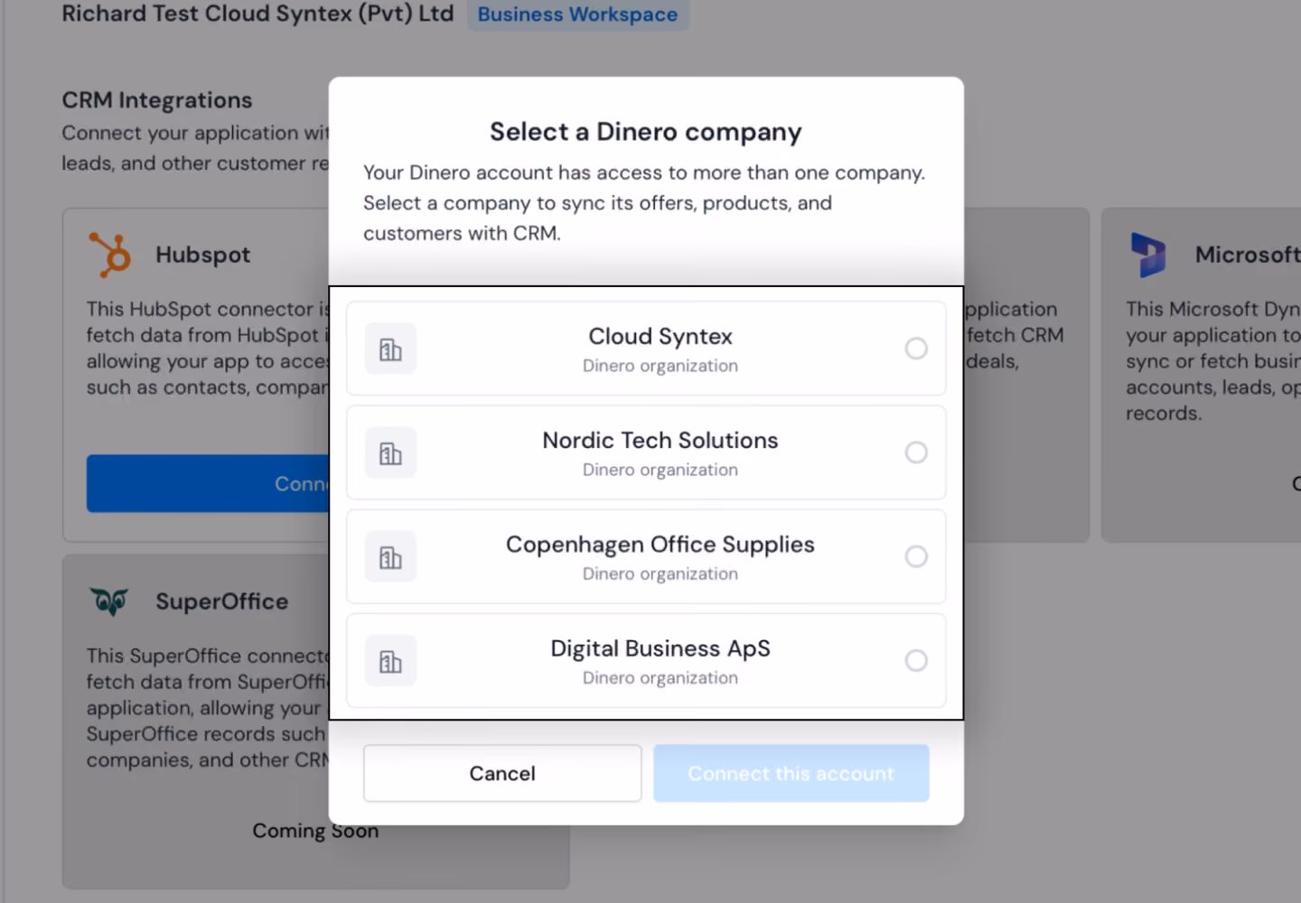 Selecting the account to synchronize with the CRM.