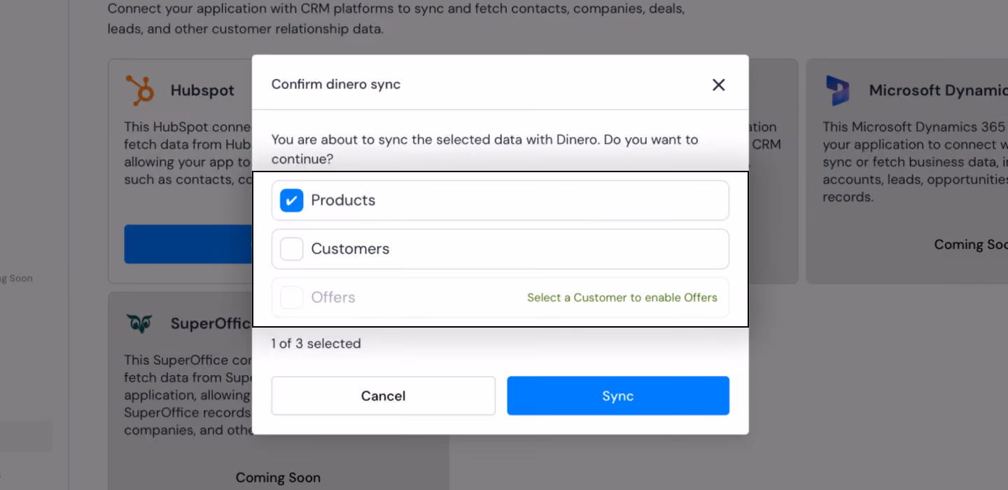 Selecting the items to synchronize, including products, clients, and offers.