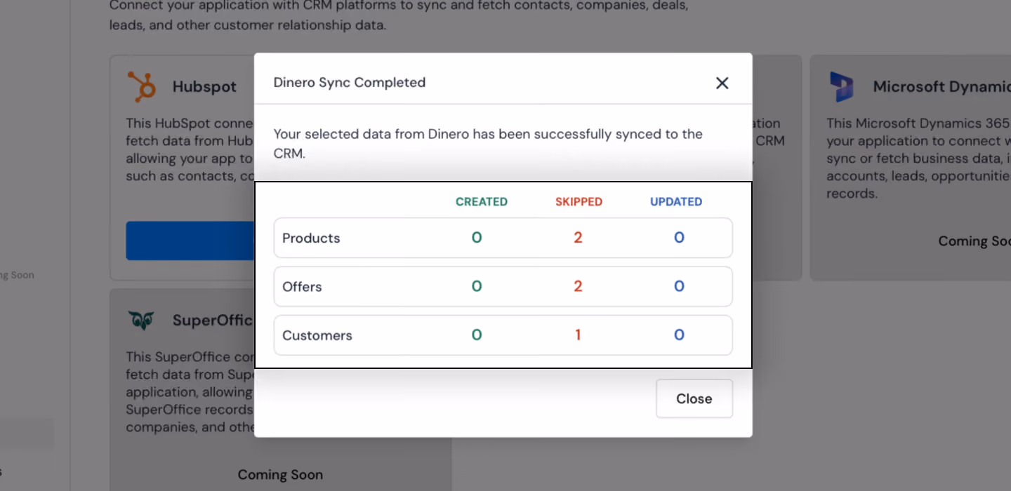 Completed synchronization showing a summary of created, skipped, and updated items.