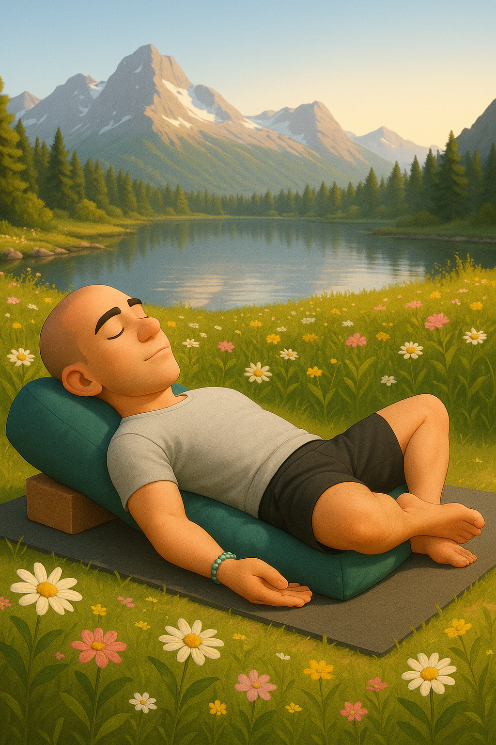 Reclined Bound Angle pose with props