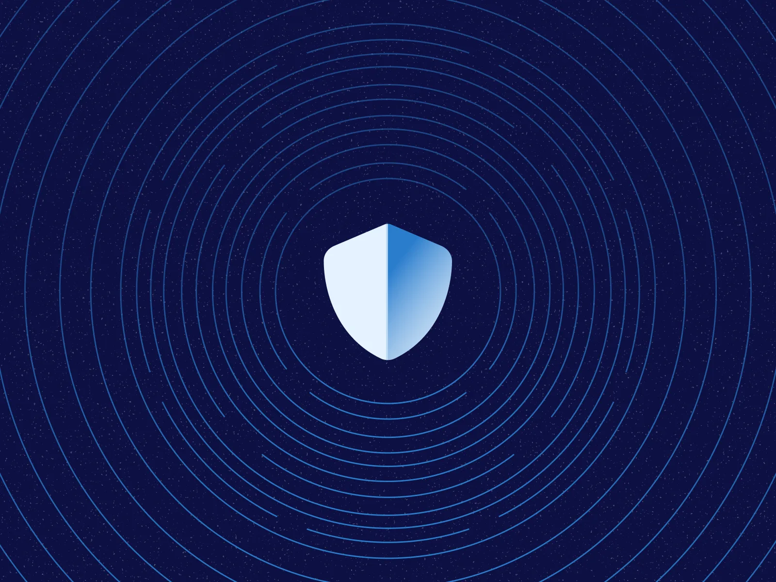 Blue shield icon with concentric circles on a dark starry background representing security.
