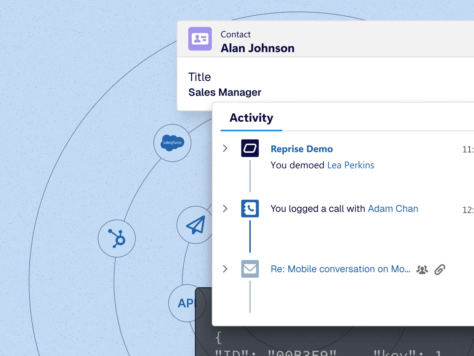 Contact card for Alan Johnson, Sales Manager, with activity feed showing calls and demos logged.