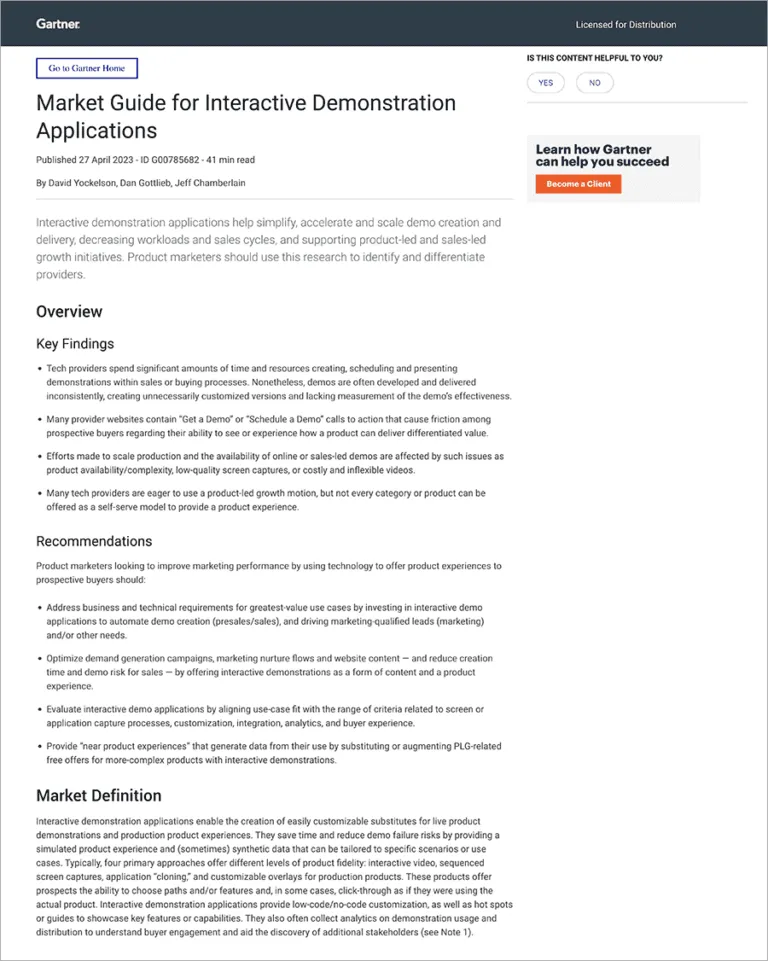 Gartner Market Guide for Interactive Demonstration Applications with overview, key findings, and recommendations text.