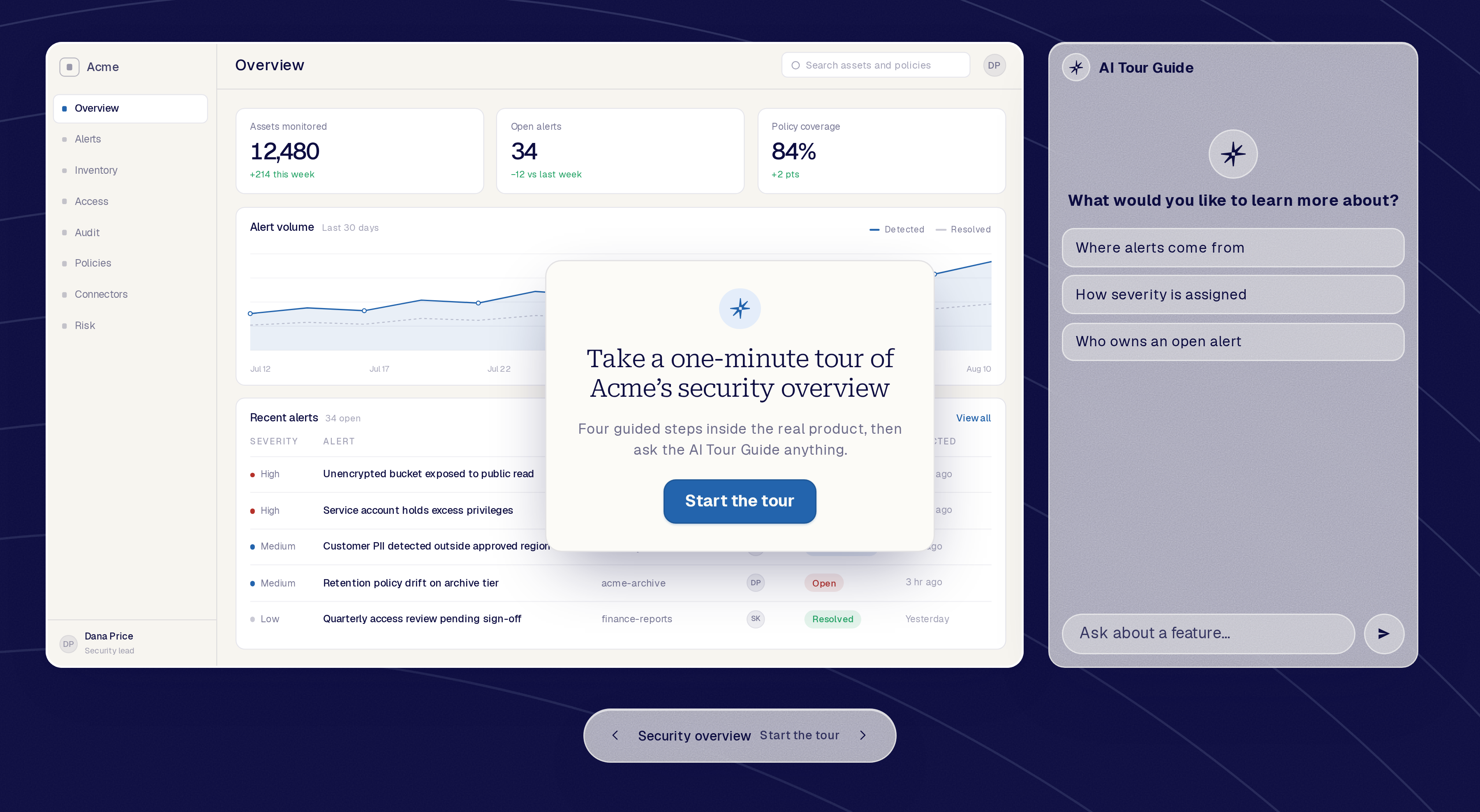 A Reprise Product Tour of the Acme security overview, open in the Launch Room with the AI Tour Guide beside it