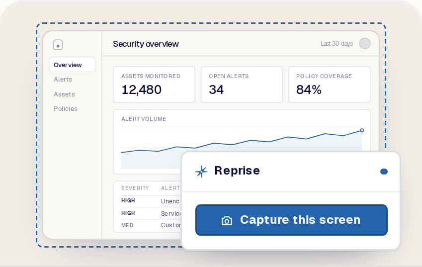 The Reprise extension over the Acme application with one action, Capture this screen, and the captured area outlined