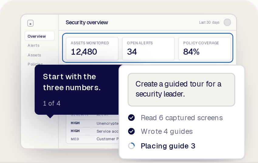 A prompt to the in-app agent and the resulting guide placed on the alert table