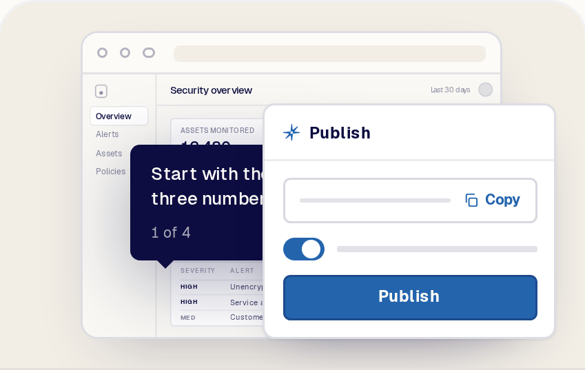 The publish panel in front of the finished tour in a browser, with a tracked link and a website embed
