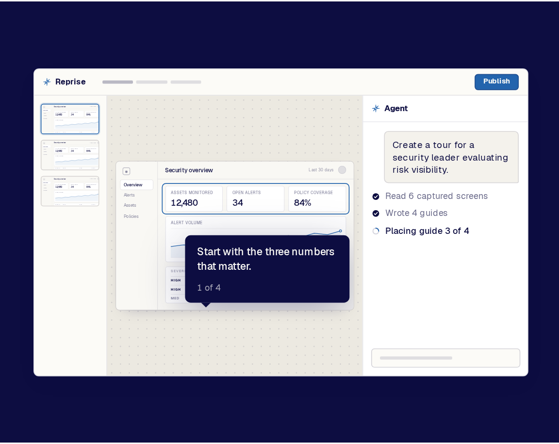 The in-app agent prompt in the foreground with the Reprise editor and newly created tour steps behind it