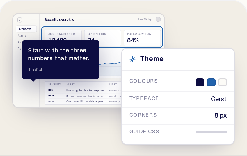 A guide on the captured app next to the theme that styles it: brand colours, typeface and corner radius