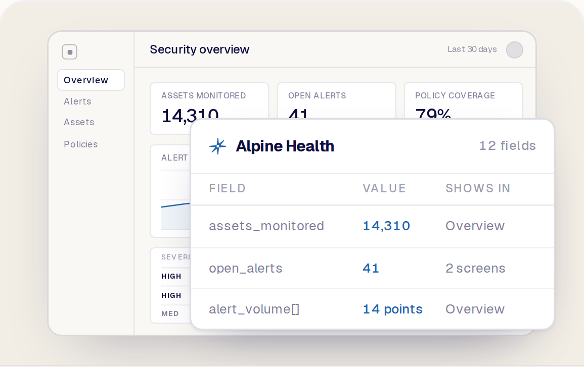 The application filled with Alpine Health data, and the dataset behind it as a table of fields, values and where each shows