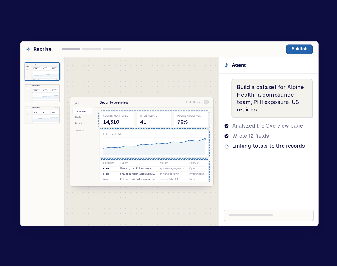 The Reprise app with the agent docked on the right, building an Alpine Health dataset for the screen on the canvas