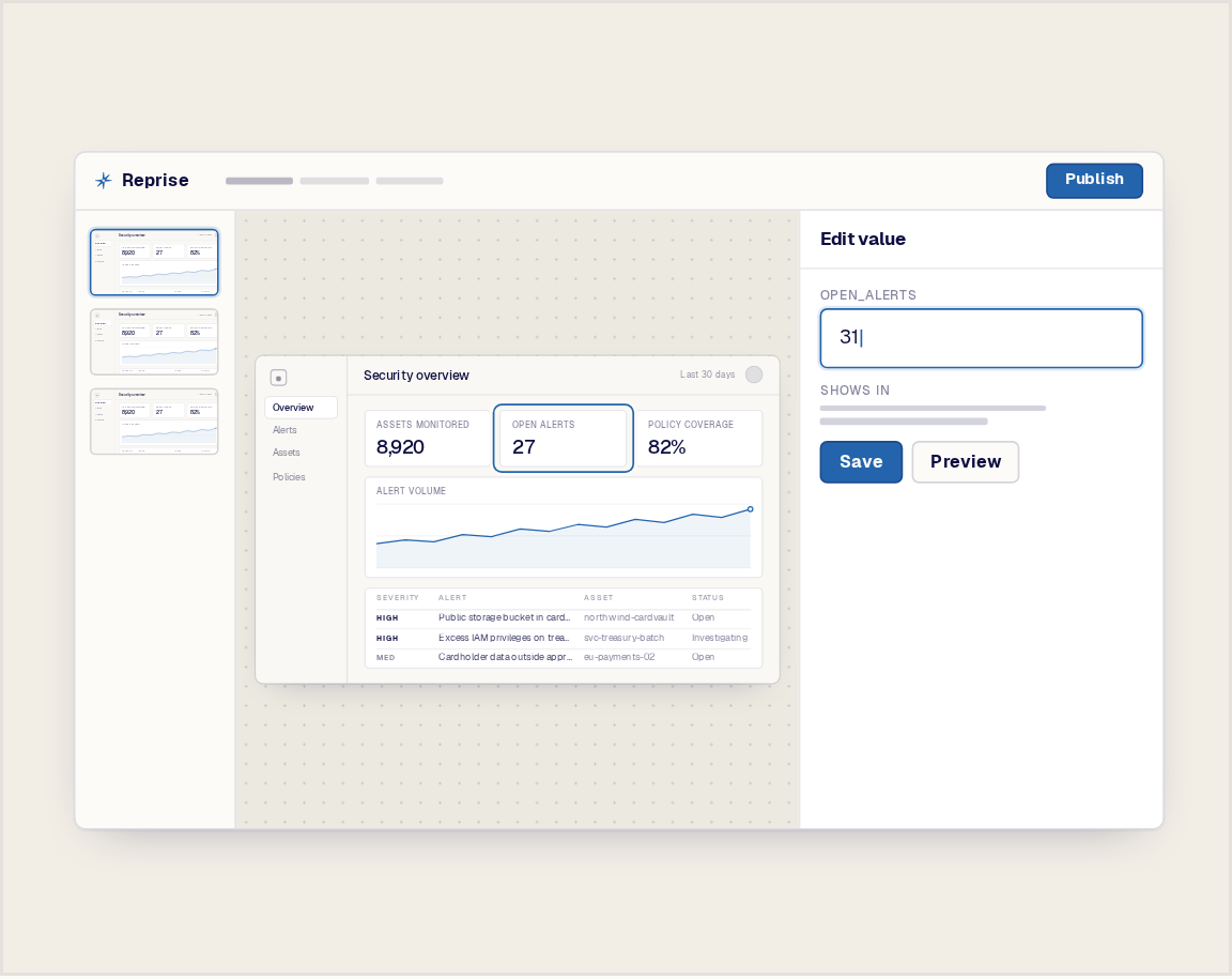 The Reprise app editing one value, open alerts, with the matching number outlined on the canvas
