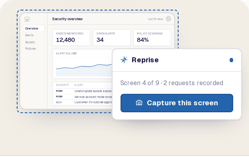 The Reprise extension capturing the Acme application, with a small note that the request and response behind the screen are being recorded