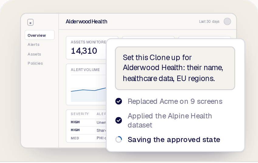 A prospect-specific change, the company name Alderwood Health, applied in the foreground and reflected across two connected Clone screens behind it