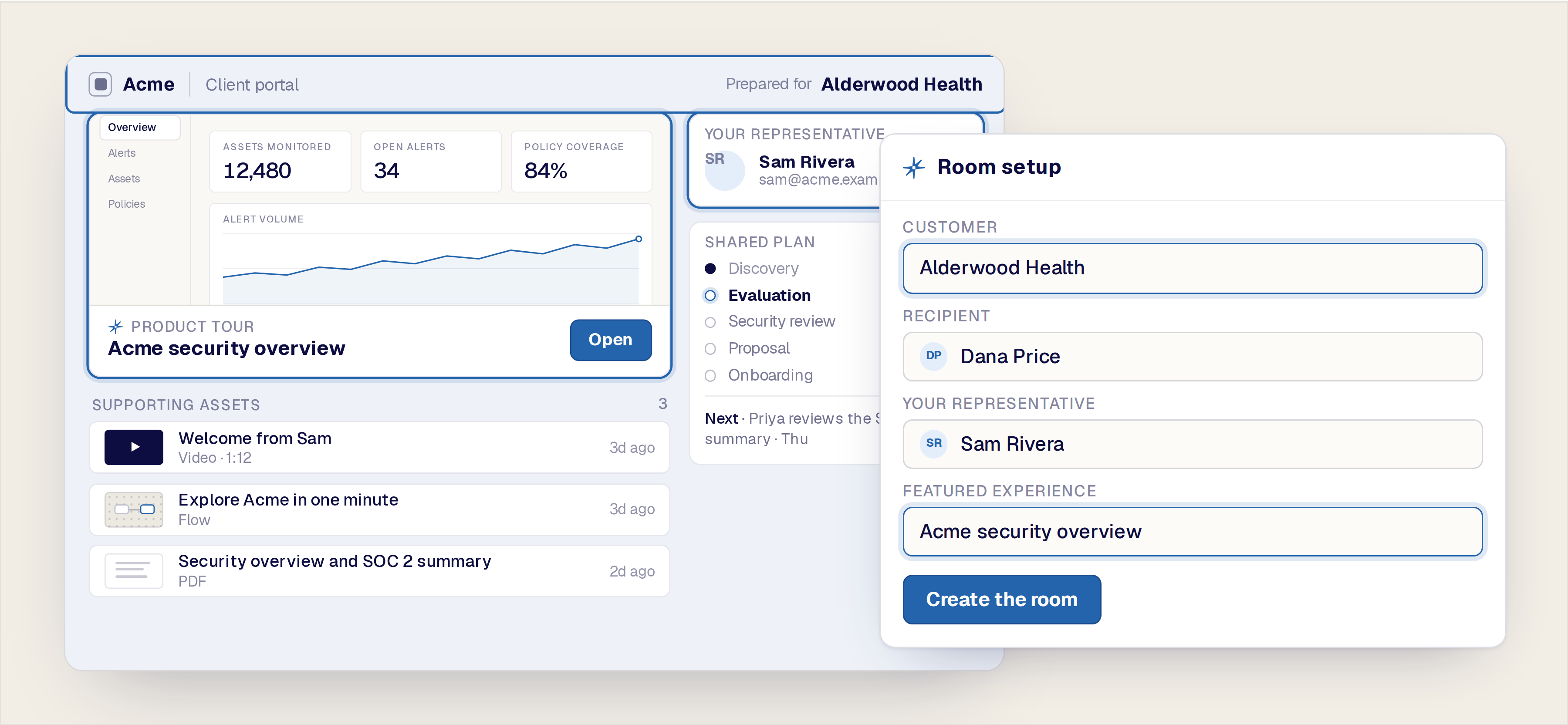 A simple room setup panel in the foreground; behind it, the company logo, buyer name, seller card, and featured asset update in the finished room