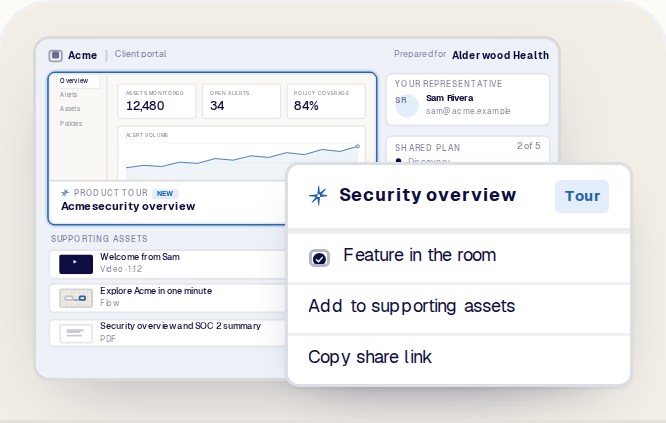 The seller chooses Feature this Product Tour; behind it, the tour becomes the largest card in the Alderwood Health room