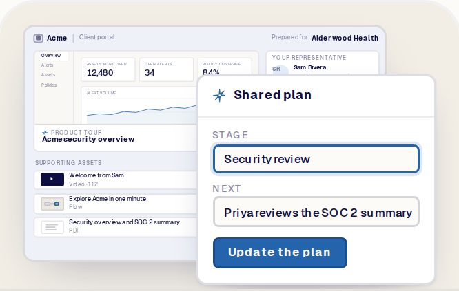 The seller changes the next stage to Security review; behind it, the buyer sees the updated shared plan and one clear next action