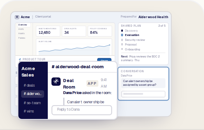 A buyer enters a question beside the featured demo; behind it, the same message appears as a Slack thread for the account team