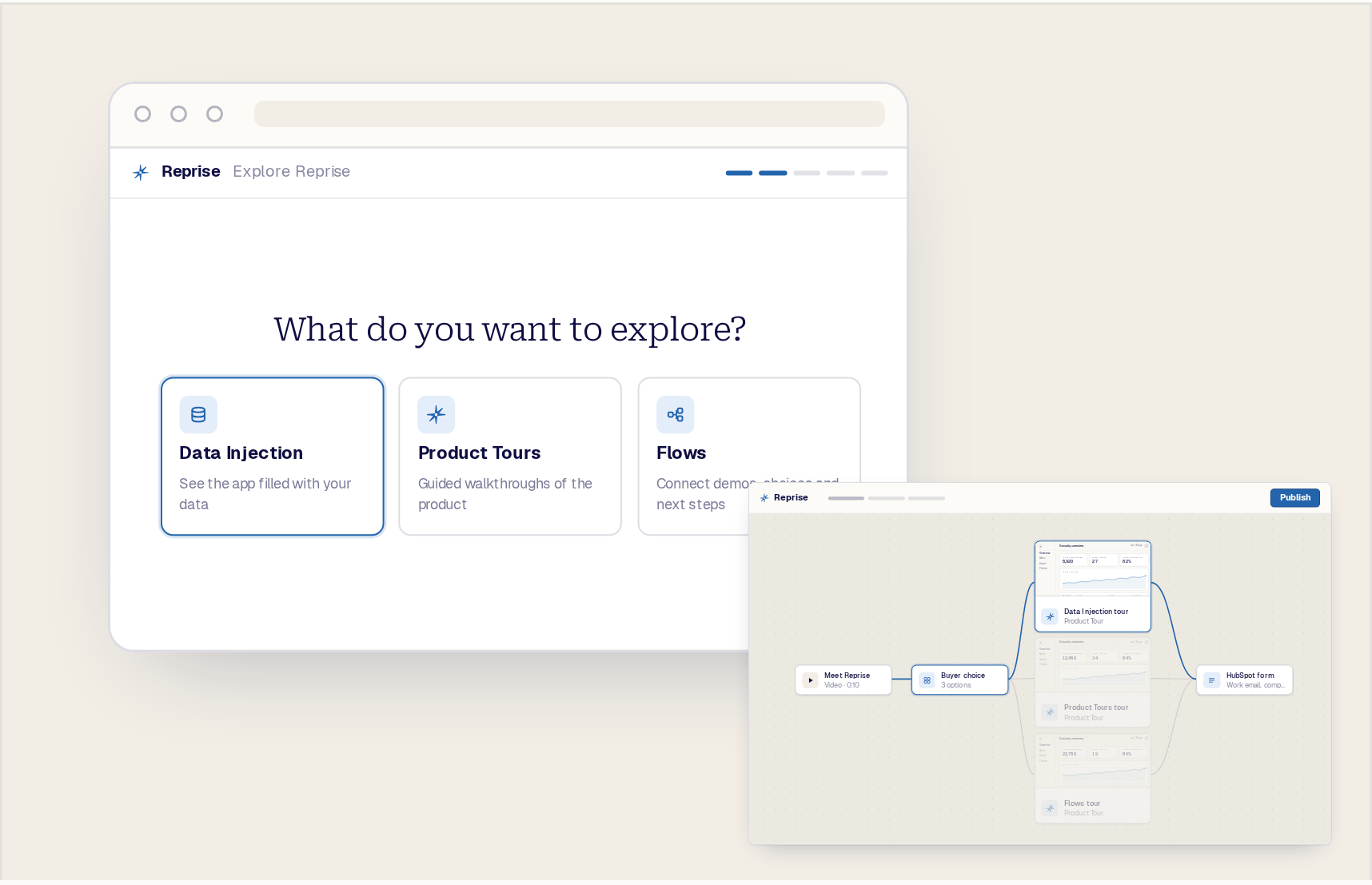 A buyer-choice step in the published experience, with the matching branch lighting up on the canvas behind it