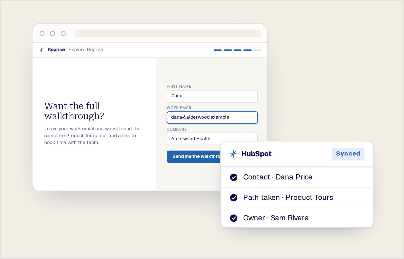 A Product Tour completing and revealing a HubSpot form, then a thank-you page with one next action