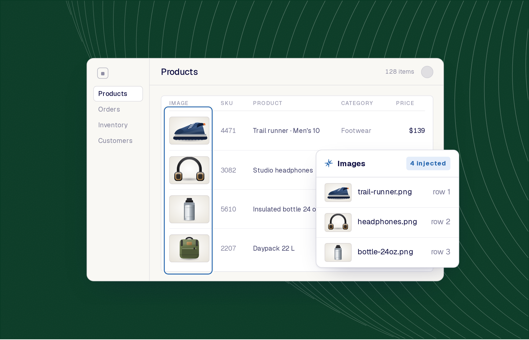 A Products table in the Acme app, the image column outlined, each row starting with a product thumbnail; a card lists the injected image files by row