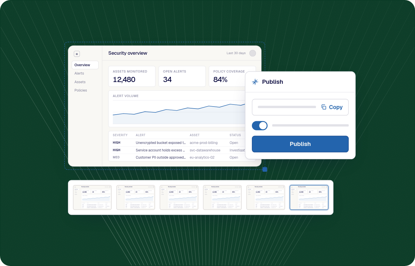 The captured app with a capture outline, a strip of six captured screens and a publish card holding the share link