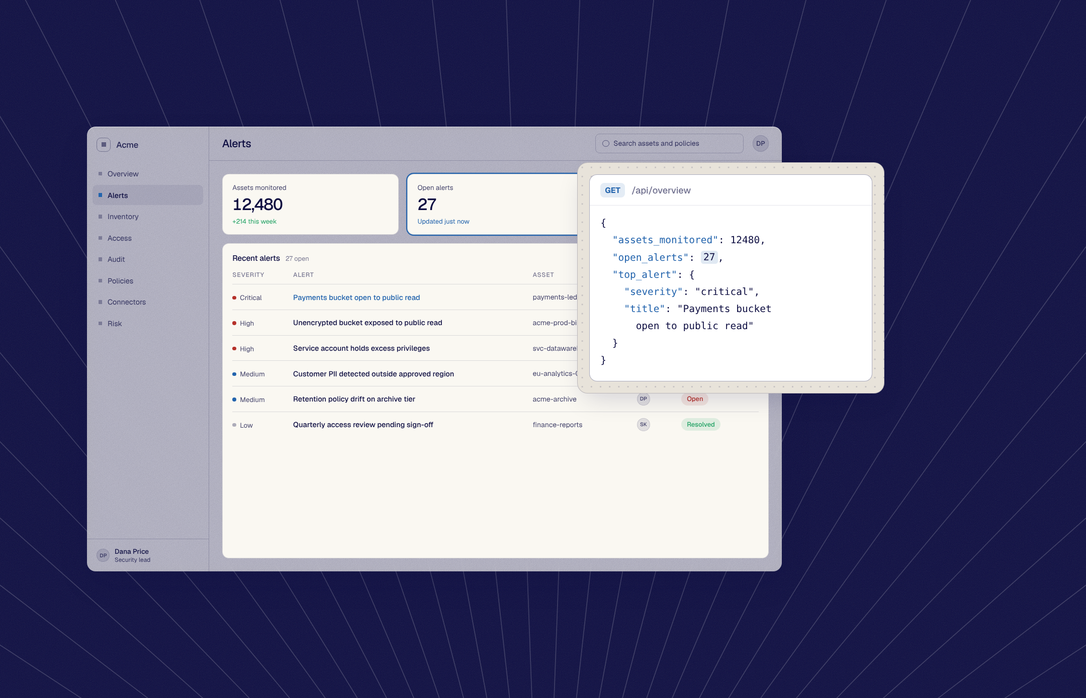 The edited response with open alerts set to 27 and a critical payments bucket alert, both showing on the Alerts page